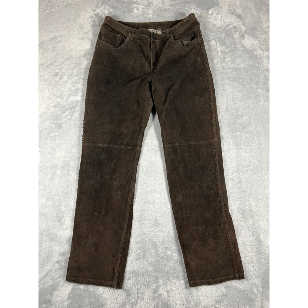 Chicos Brown Suede Leather Pants Size 2 Seam Detailing Native Style